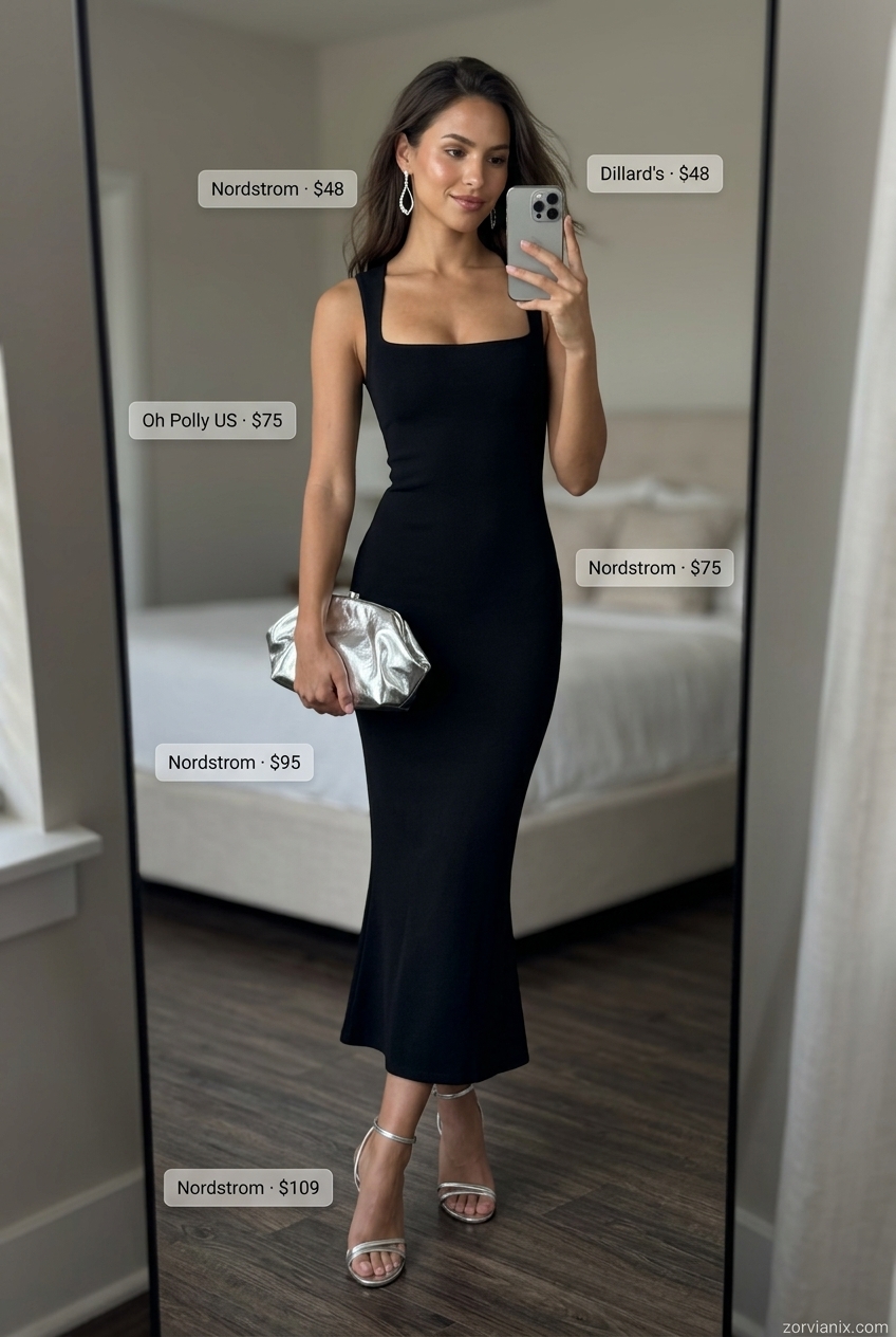 Elevated Evening Ensemble outfit inspo summer 2026: Black midi dress, silver heels, silver clutch, statement earrings.