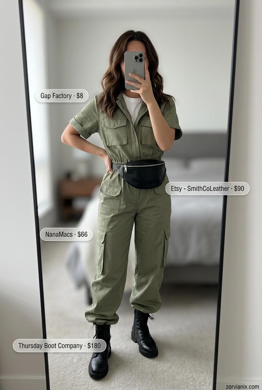 Women outfit inspo summer 2026: Olive green utility jumpsuit, black belt bag, combat boots, and white tee for daytime exploration.