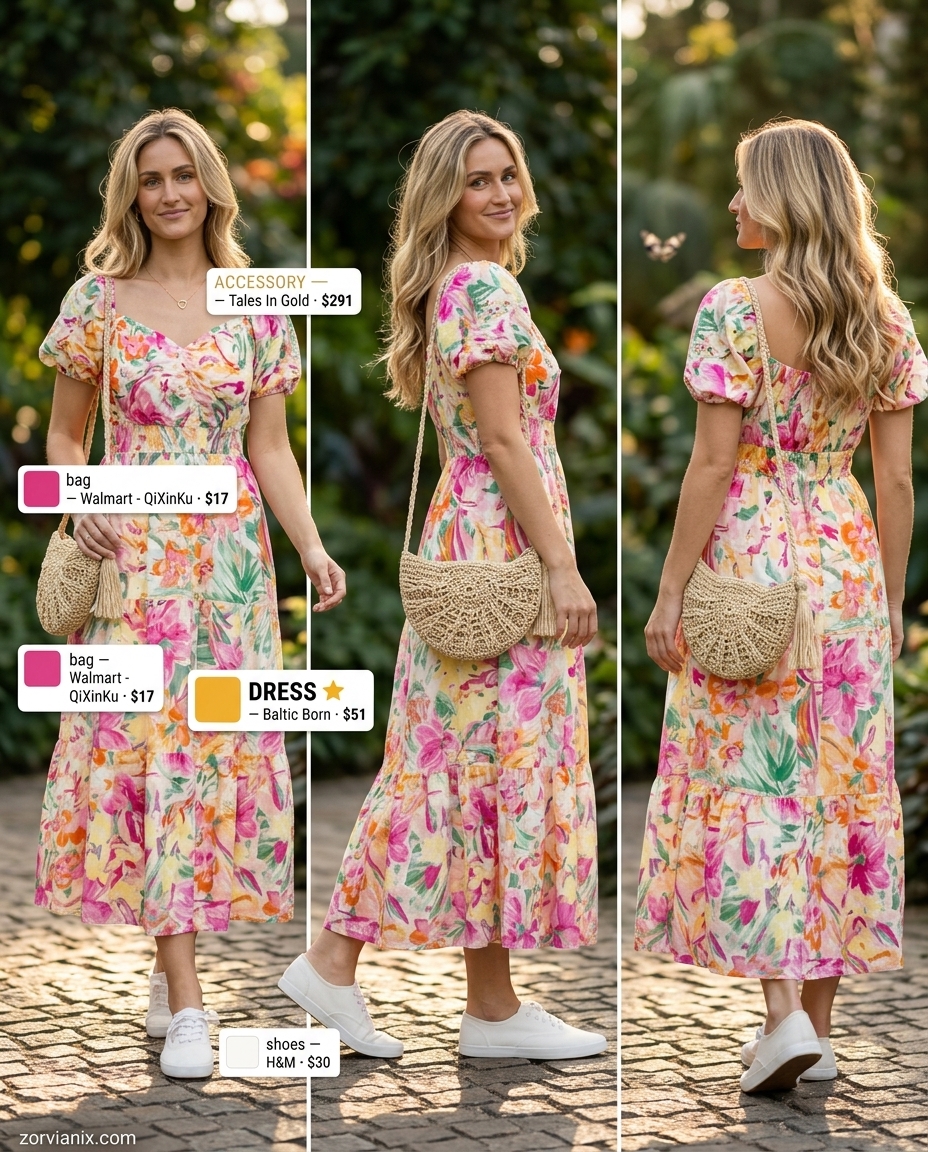 Garden Party Midi dress outfit inspo summer 2026: Pink floral midi dress, straw bag, gold necklace, white sneakers.