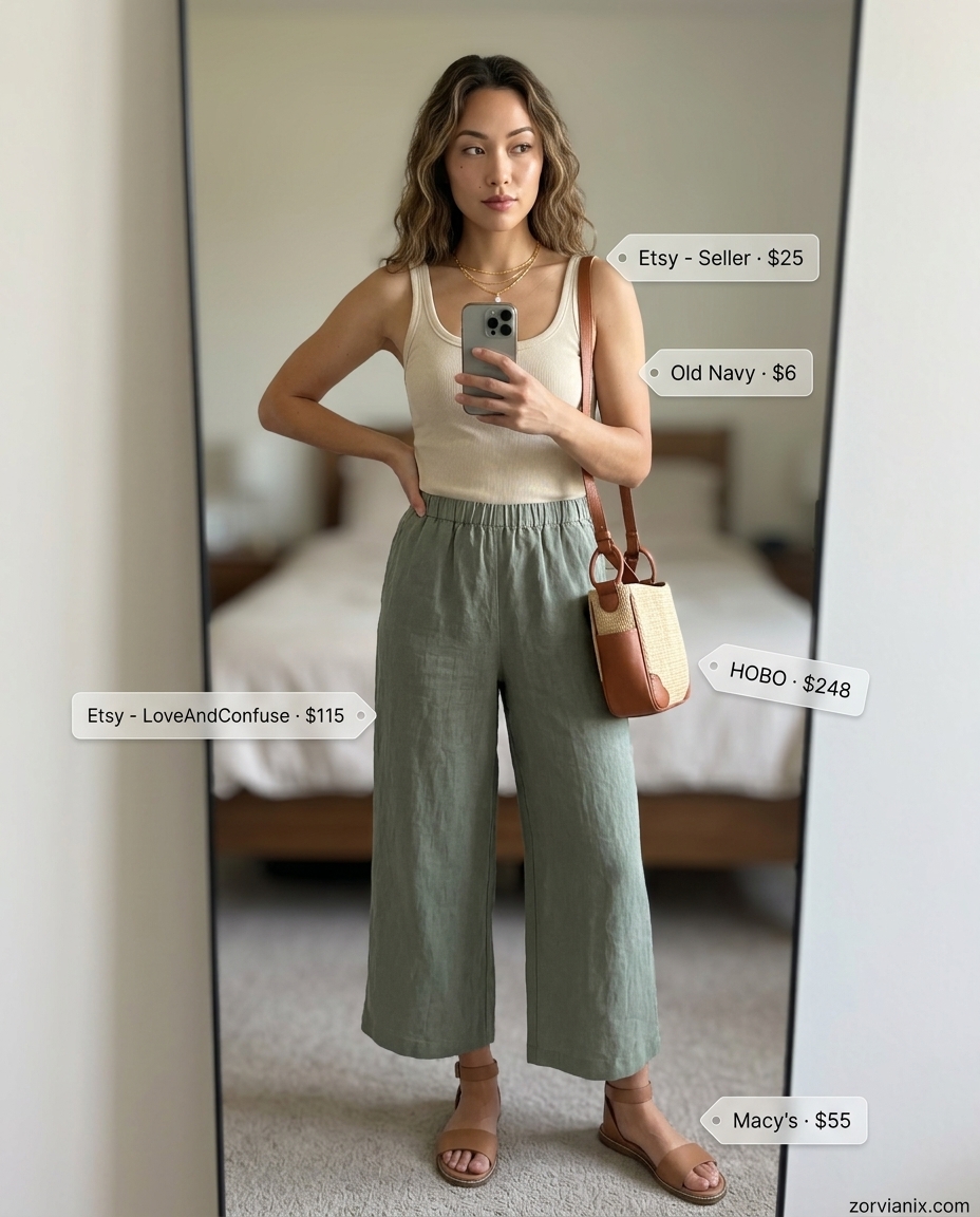 Golden Hour Linen Breeze outfit inspo summer 2026: Sage linen pants, cream tank, tan sandals, straw crossbody.