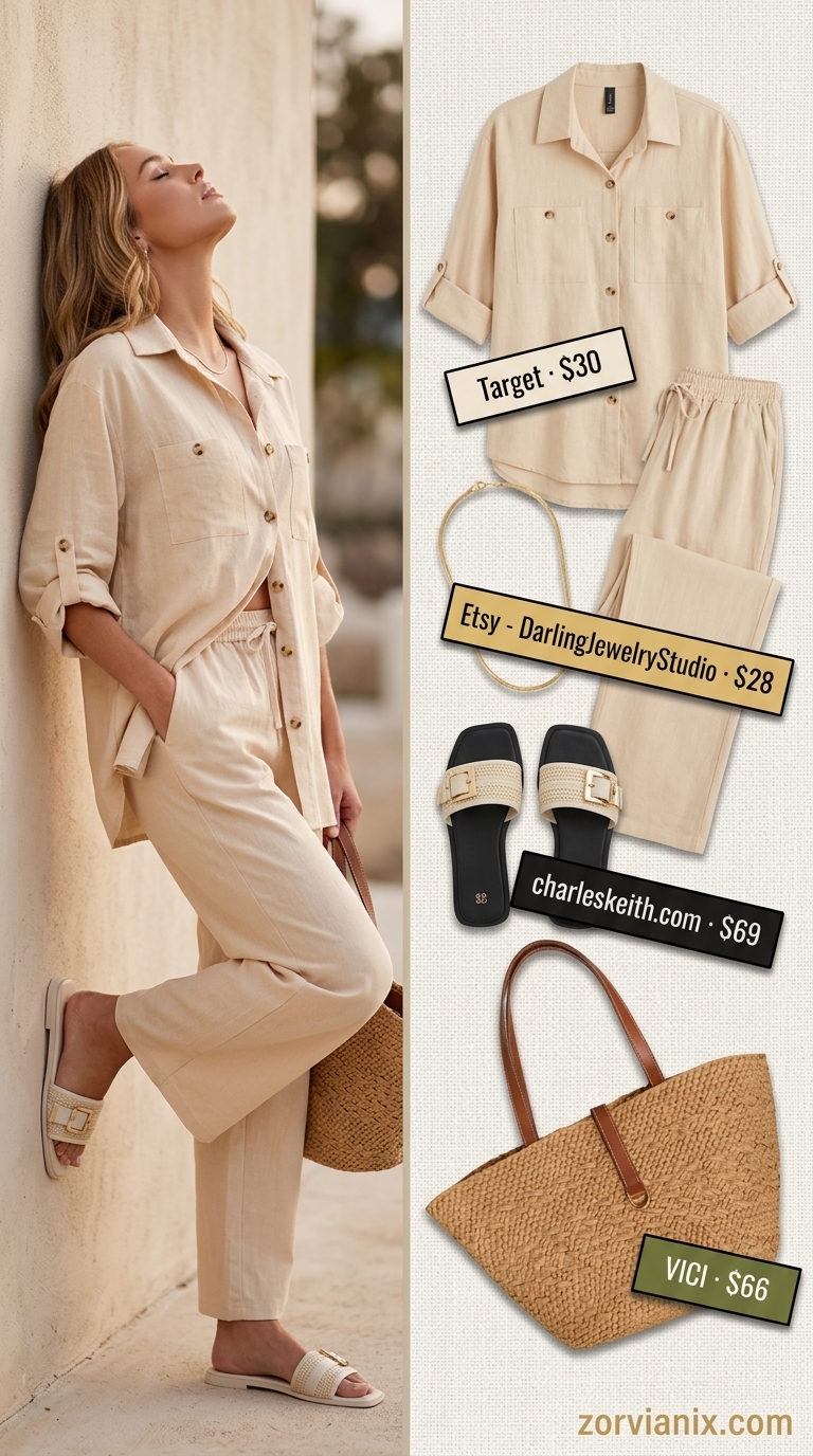 Women outfit inspo summer 2026: Cream linen set, straw tote, and slides for a relaxed beach brunch.