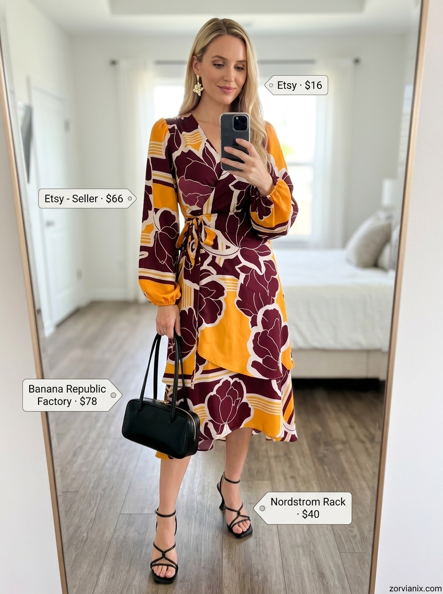 Women outfit inspo summer 2026: Mango orange satin wrap dress with black heels and bag for a sunset event.