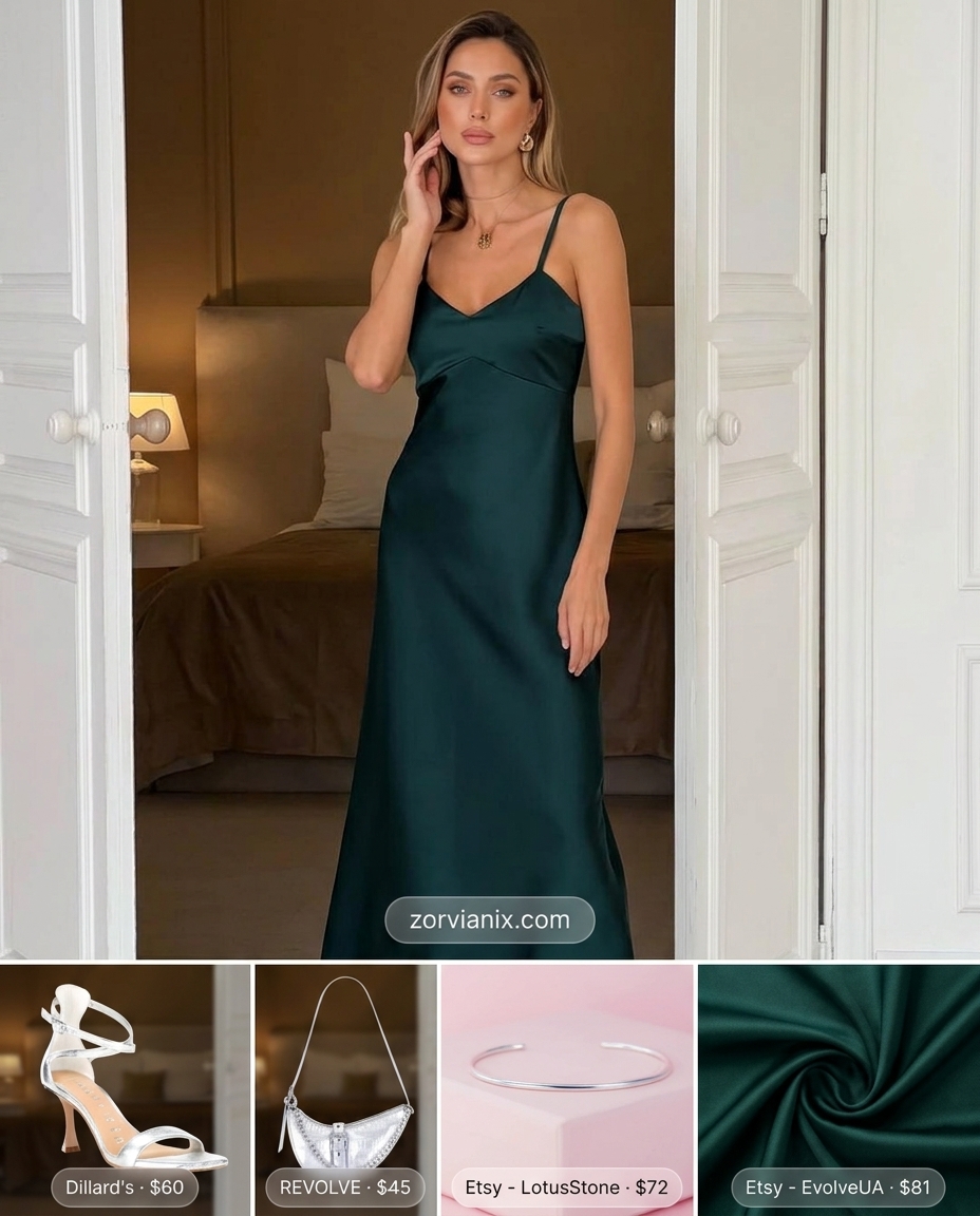 Women outfit inspo summer 2026: Forest green midi slip dress with silver sandals and bag for a chic evening out.