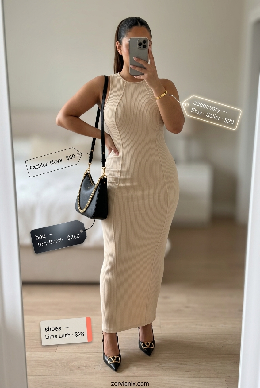 Modern Minimalist Maxi dress outfit inspo summer 2026: Beige maxi dress, black heels, black shoulder bag, gold bangle.