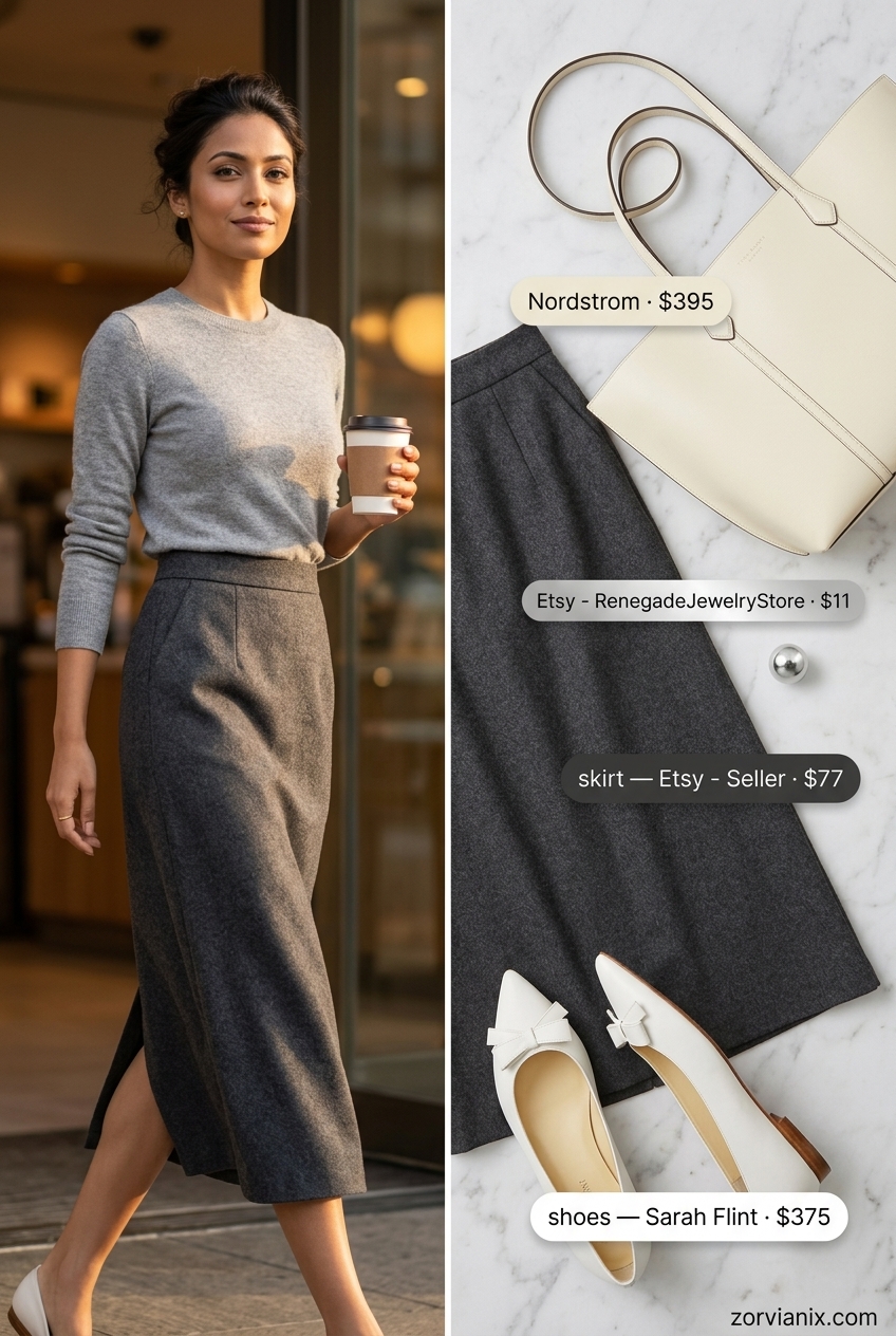 Monochrome Midi Magic outfit inspo summer 2026: Grey pencil skirt, white knit top, white flats, grey tote.