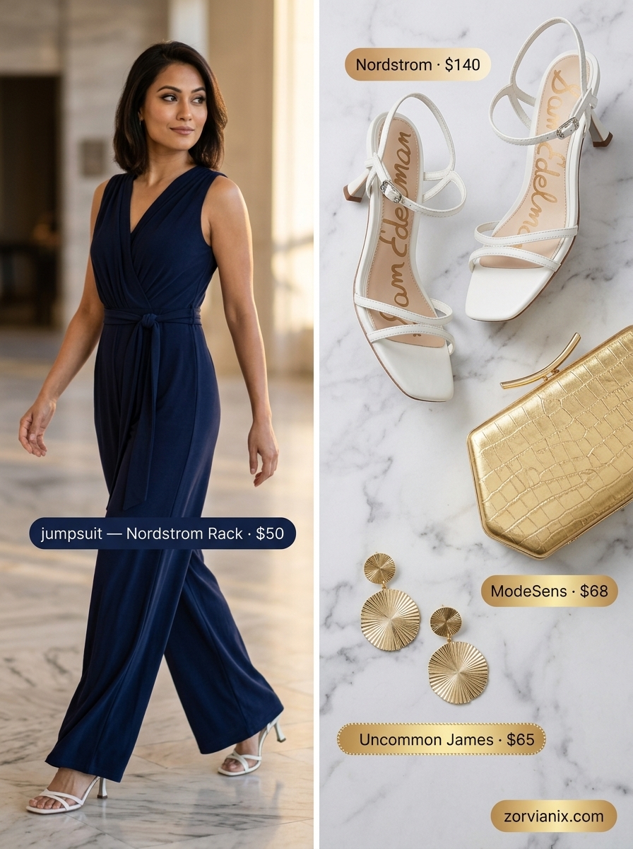 Women outfit inspo summer 2026: Navy wide-leg jumpsuit with gold earrings and sandals for an evening out.