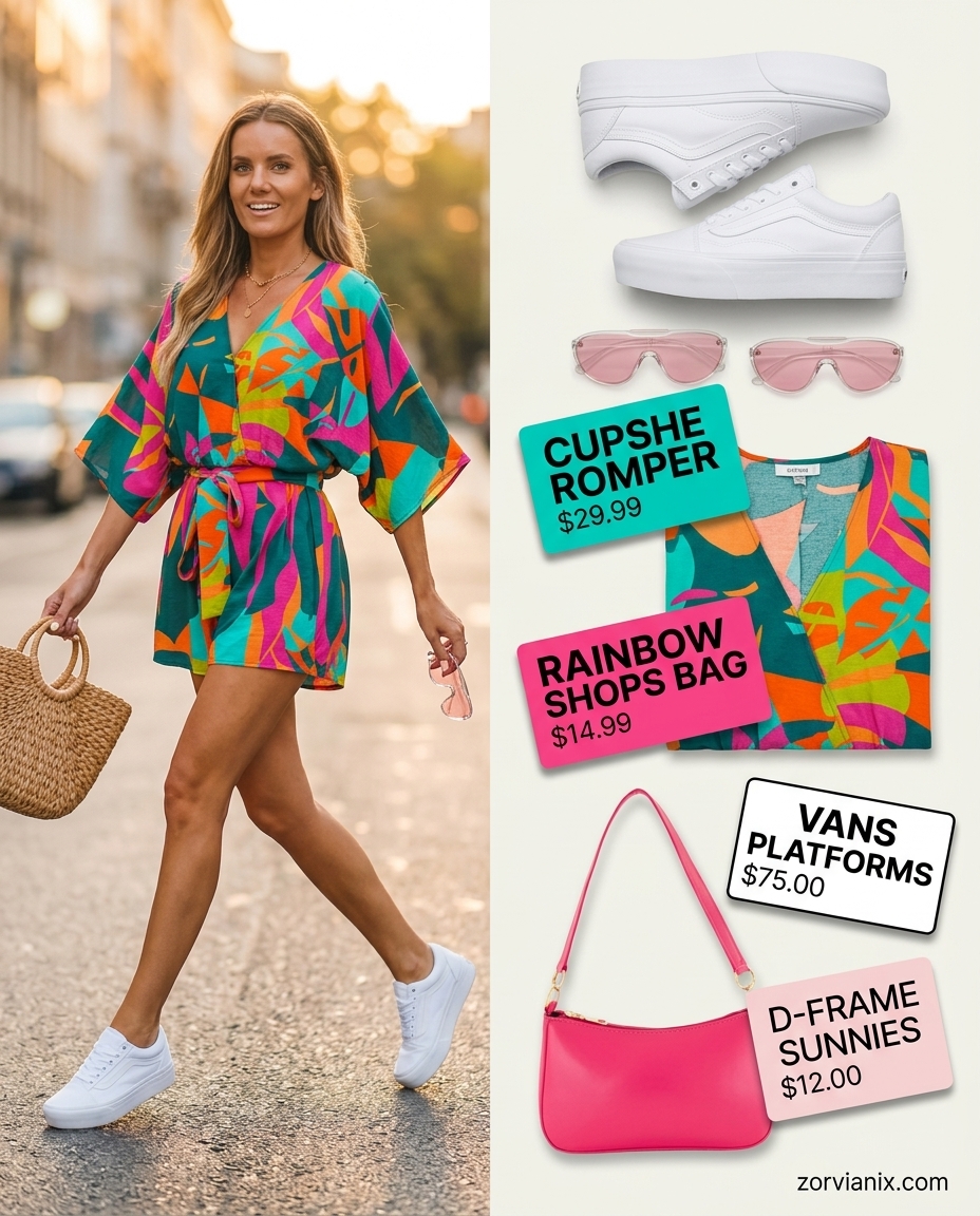 Women outfit inspo summer 2026: Playful teal, orange, pink romper with platform sneakers, colorful sunglasses, and mini crossbody bag.