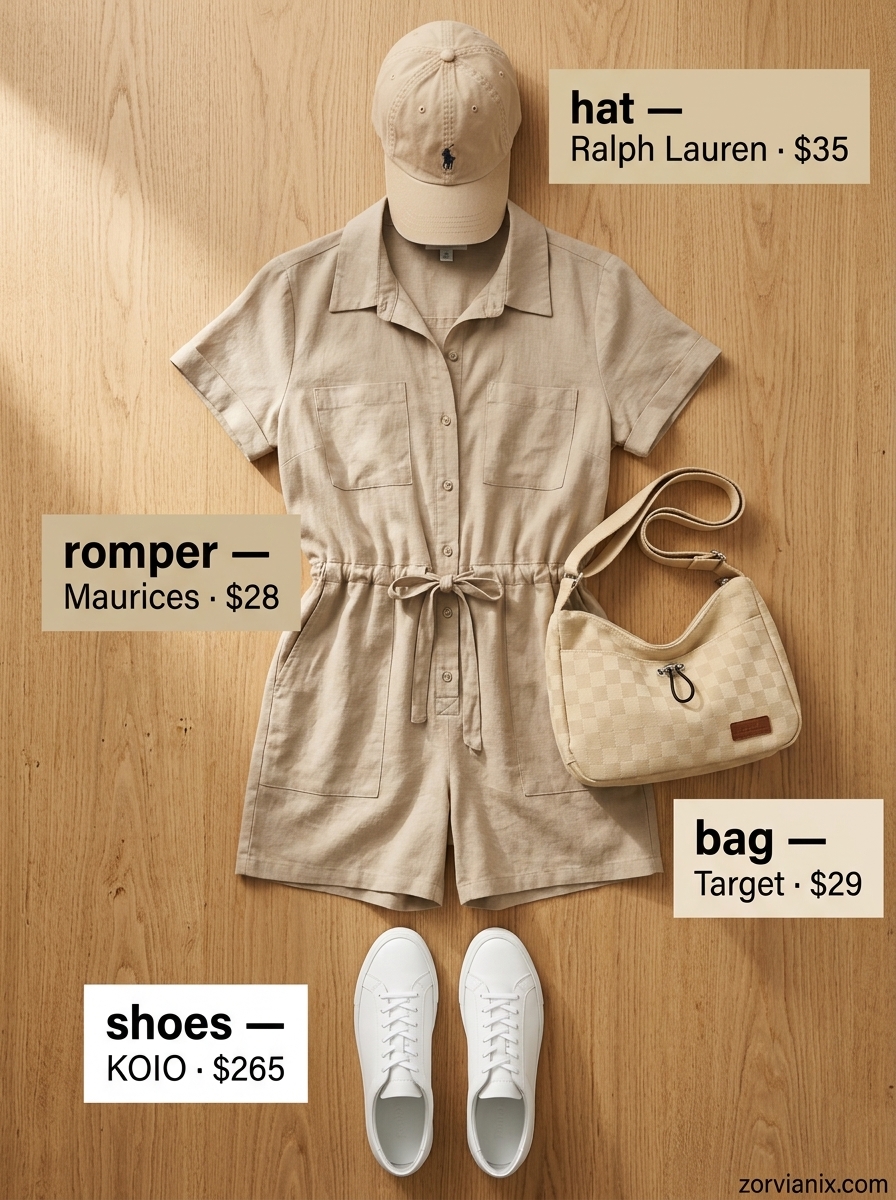 Playful Romper Chic outfit inspo summer 2026: Khaki utility romper, white sneakers, canvas crossbody, and cap.