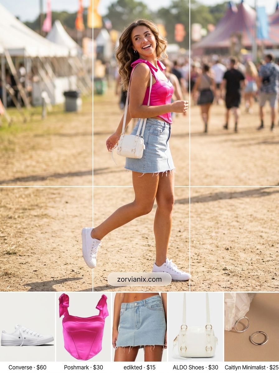 Women outfit inspo summer 2026: Light wash denim mini skirt, hot pink corset top, white sneakers, and silver hoops for a playful look.
