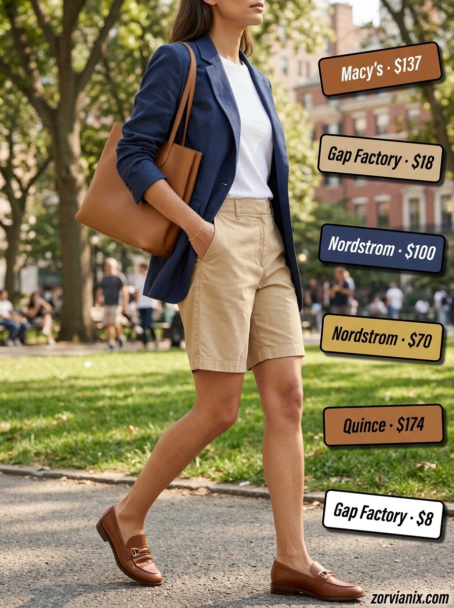 Women outfit inspo summer 2026: Navy blazer, beige shorts, white tee, and loafers for smart casual events.