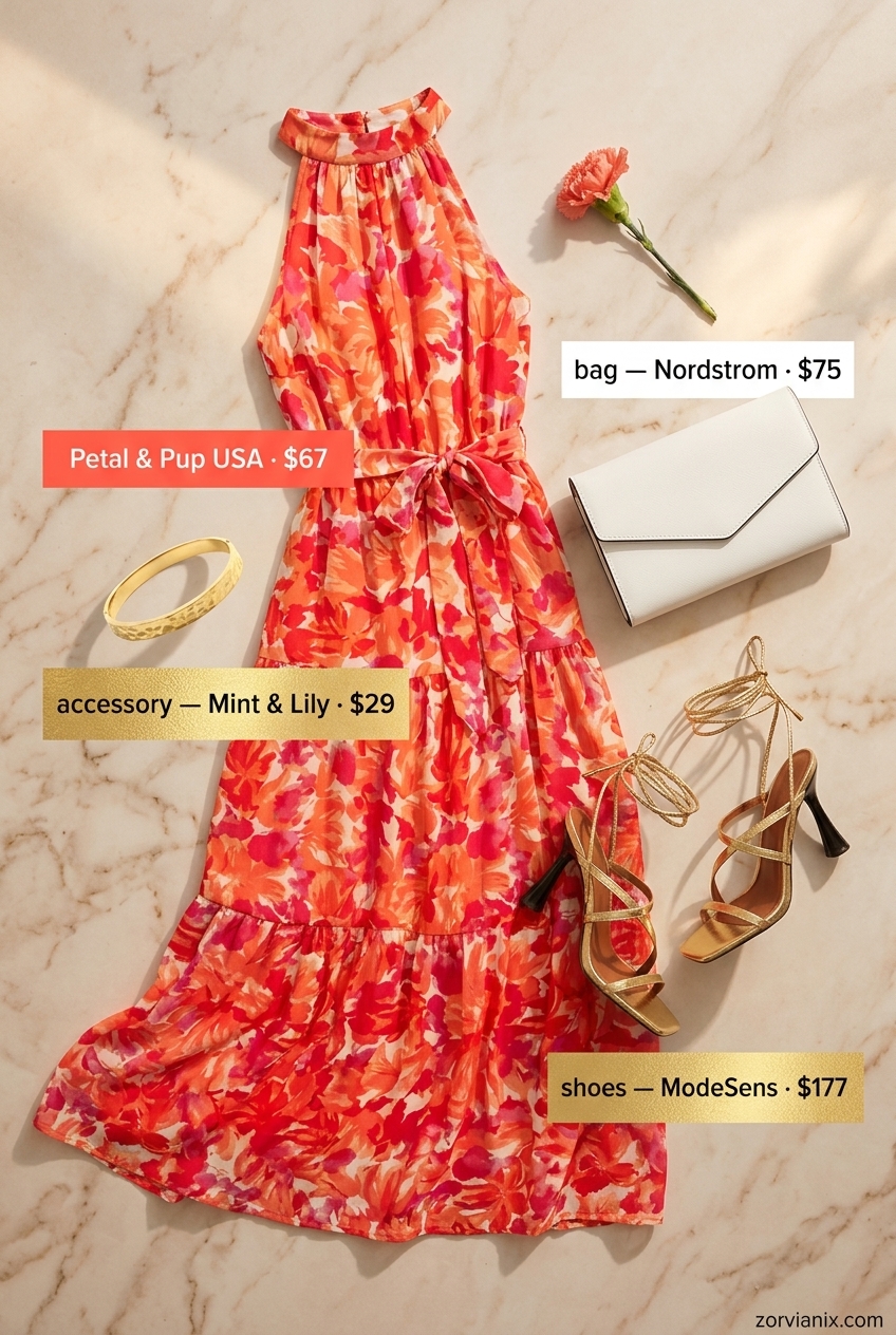 Women outfit inspo summer 2026: Vibrant coral maxi dress with halter neck, gold sandals, and clutch for an elegant evening event.