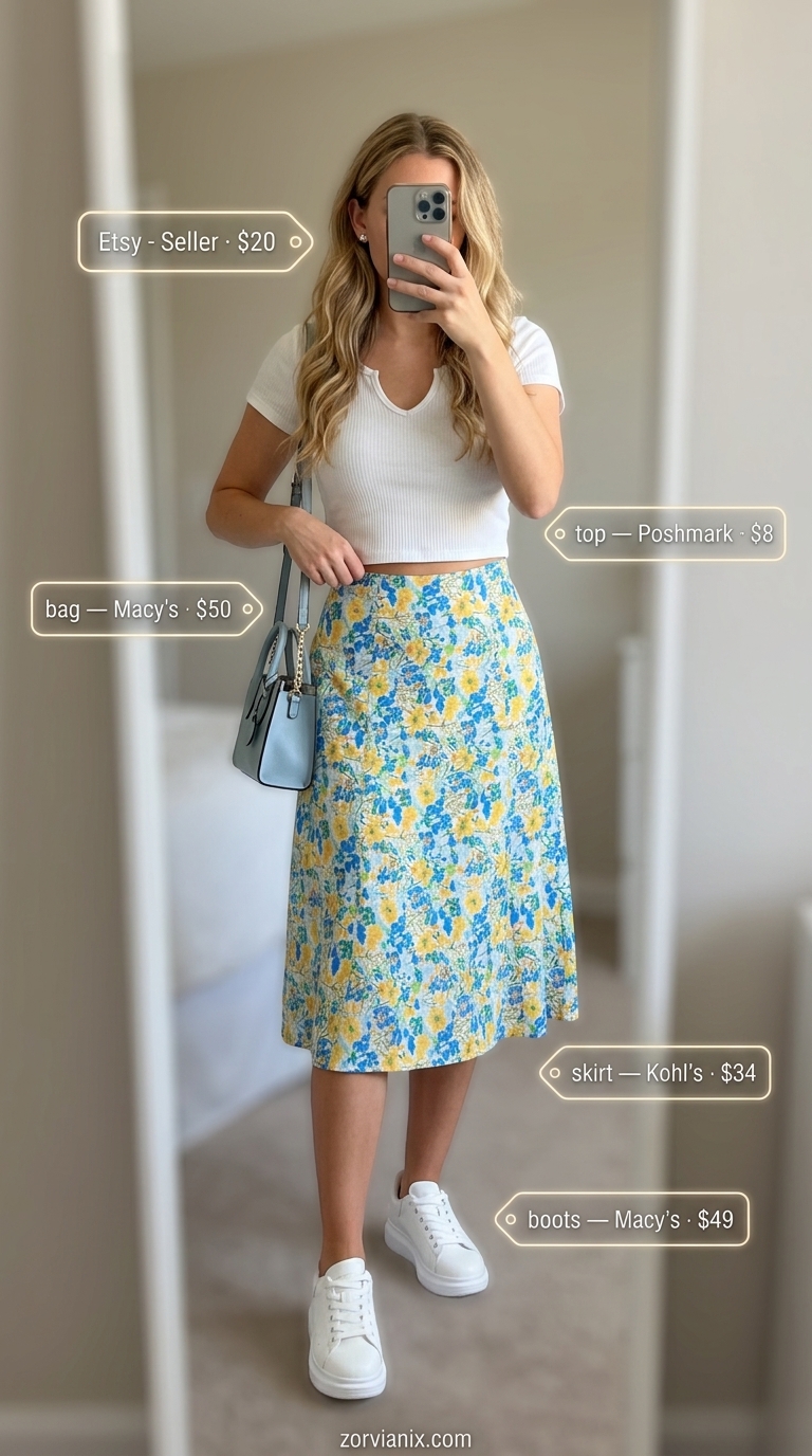 Weekend Brunch Flowy Skirt outfit inspo summer 2026: Pastel floral midi skirt, white crop top, blue crossbody, sneakers.