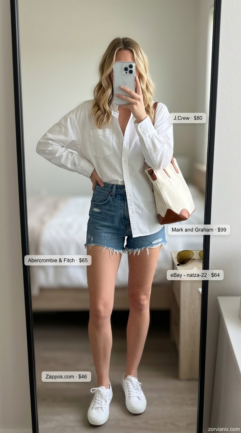 Women outfit inspo summer 2026: Casual denim shorts, white oversized shirt, canvas sneakers, and aviator sunglasses for weekend errands.