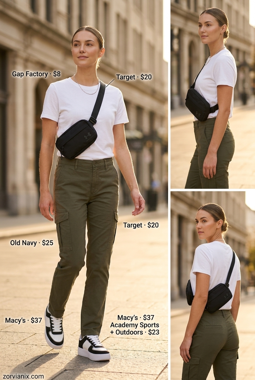 Weekend Warrior Cargo outfit inspo summer 2026: Olive cargo pants, white tee, black belt bag, chunky sneakers.