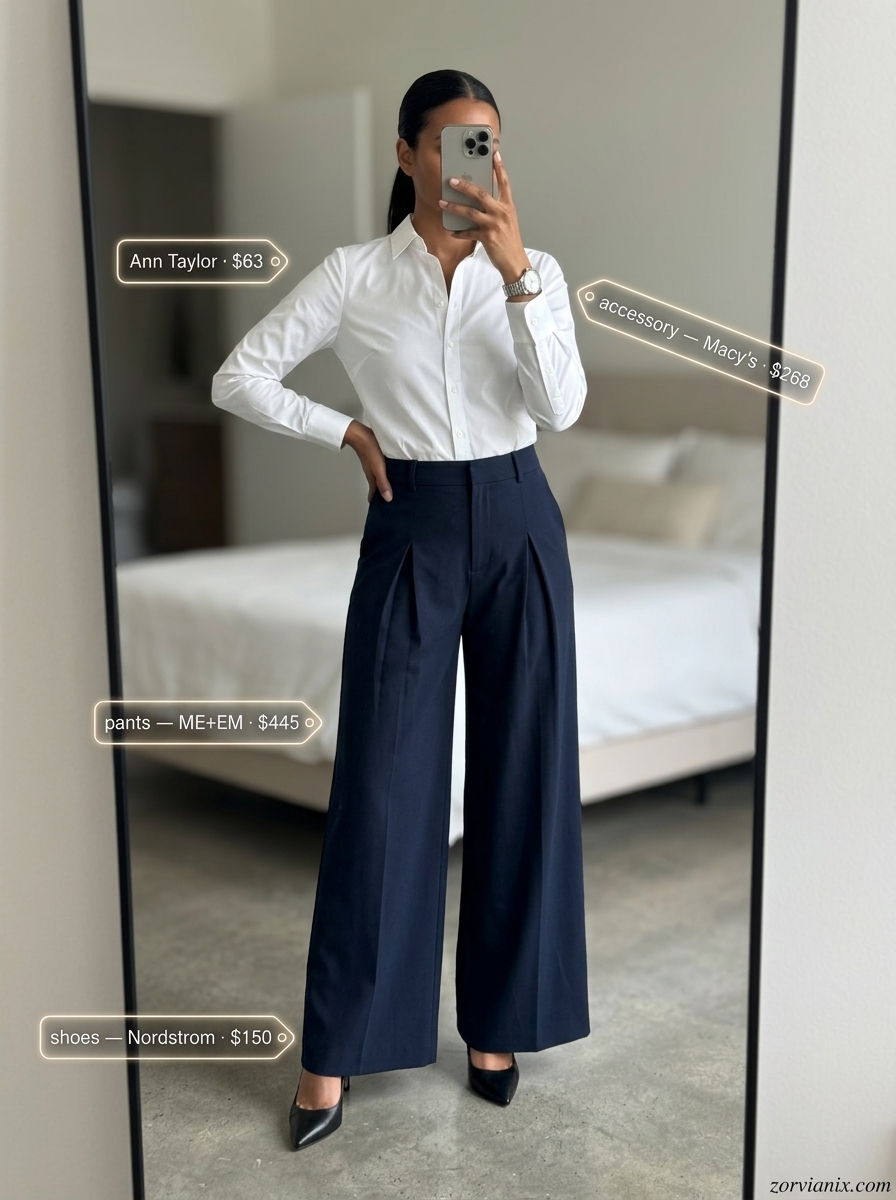 Women outfit inspo summer 2026: Navy wide-leg pants, white button-down shirt, and black heels for office.
