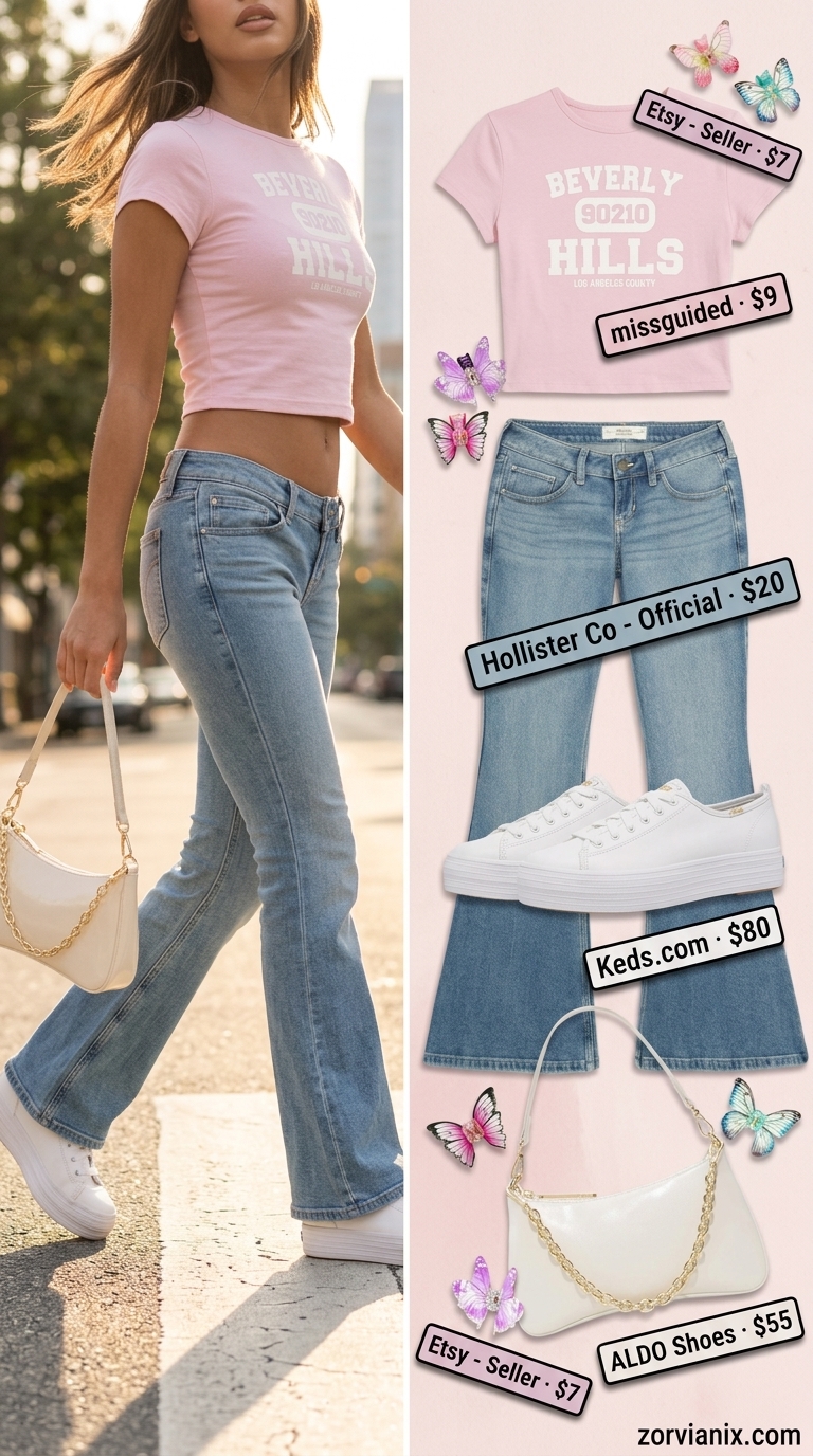 Y2K summer outfits for women 2026: Baby tee, low-rise jeans, platform sneakers, and butterfly clips for a retro casual look.