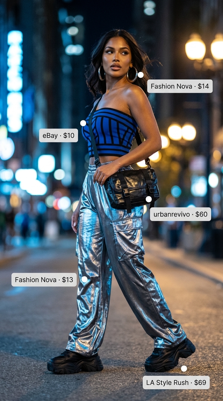 Y2K summer outfits for women 2026: Edgy silver cargo pants, electric blue bandeau top, chunky platforms for a concert.