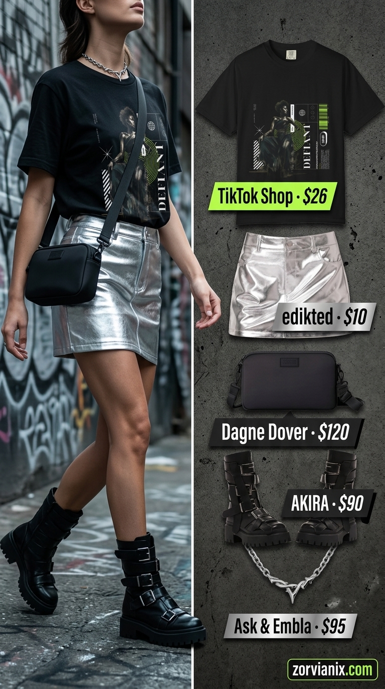 Y2K summer outfits for women 2026: Silver metallic skirt, graphic tee, combat boots for edgy streetwear.
