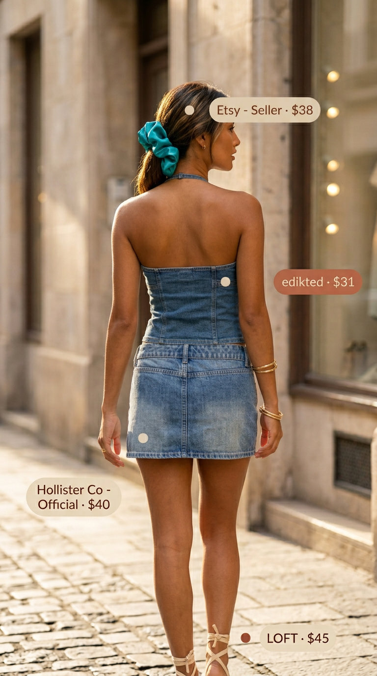 Y2K summer outfits for women 2026: Denim mini skirt, halter top, espadrilles, and beaded bag for a casual day.