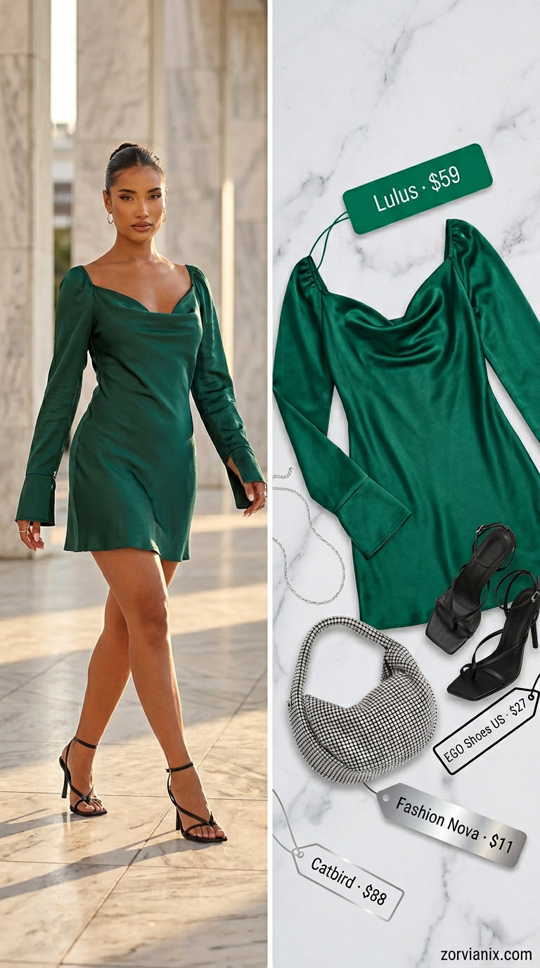 Y2K summer outfits for women 2026: Emerald green slip dress, silver rhinestone bag, strappy heels for a glam party.