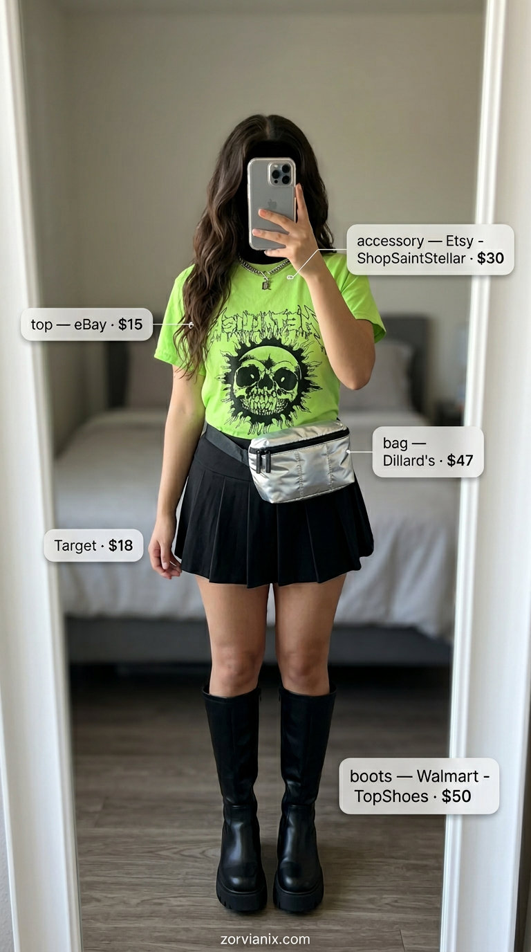 Y2K summer outfits for women 2026: Graphic tee, pleated skirt, platform boots, and belt bag for a festival look.