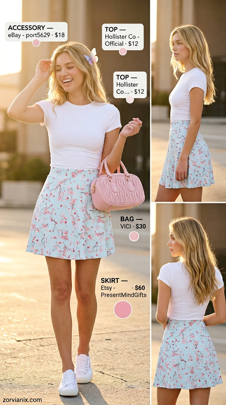 Y2K summer outfits for women 2026: Floral mini skirt, baby tee, canvas sneakers for a sweet date look.