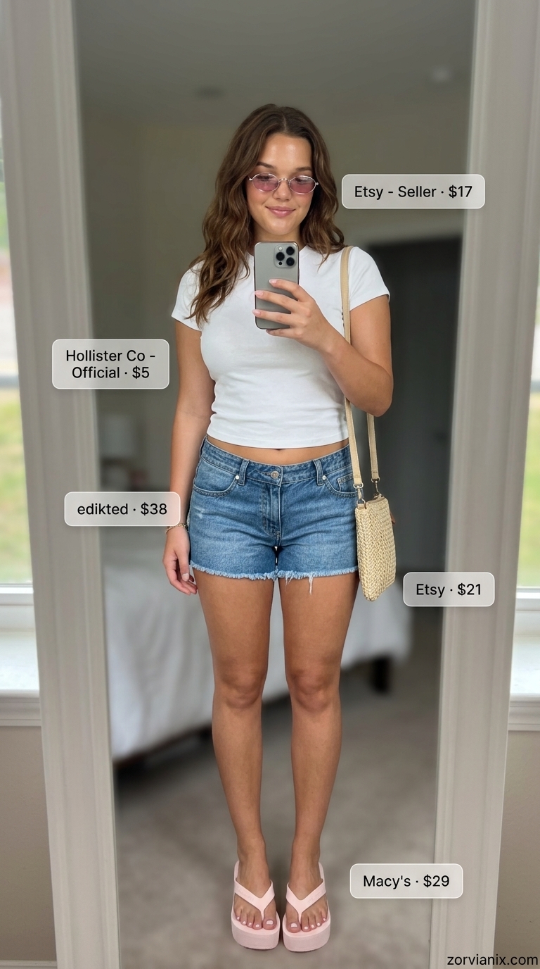 Y2K summer outfits for women 2026: Graphic tee, denim shorts, tinted sunglasses for a casual retro vibe.