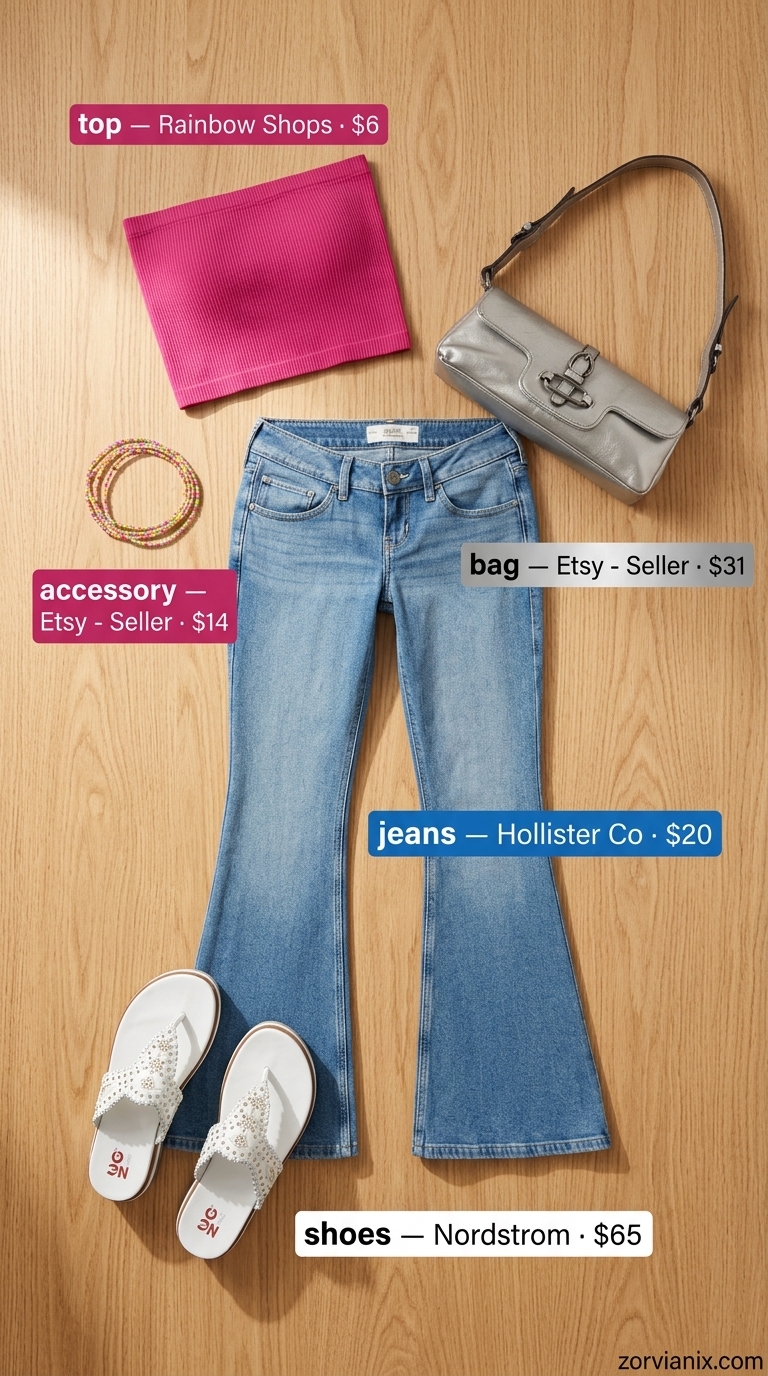 Y2K summer outfits for women 2026: Low-rise flared jeans, fuchsia tube top, platform flip-flops for a casual day out.