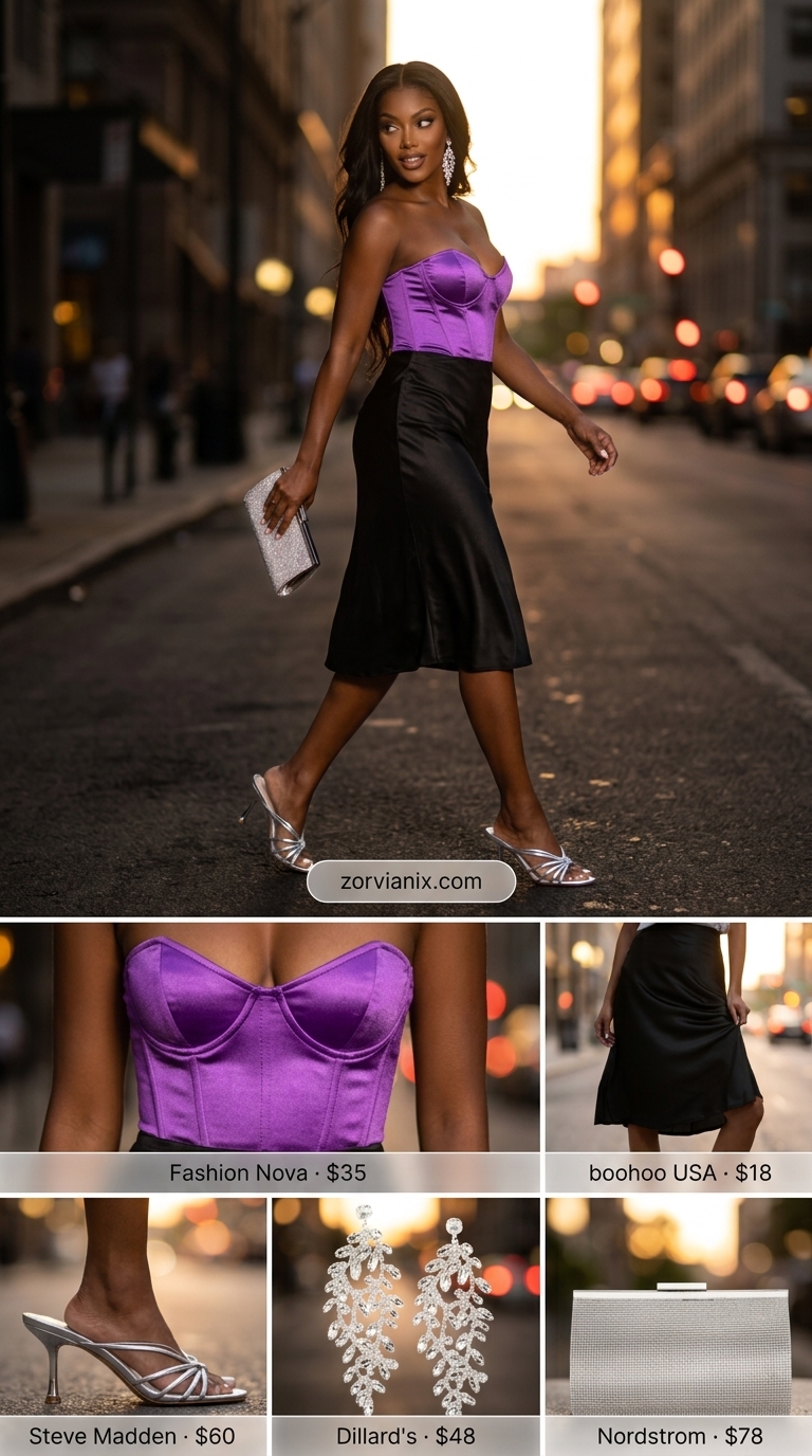 Y2K summer outfits for women 2026: Black corset top, silver slip skirt, rhinestone earrings, and metallic sandals for a night out.