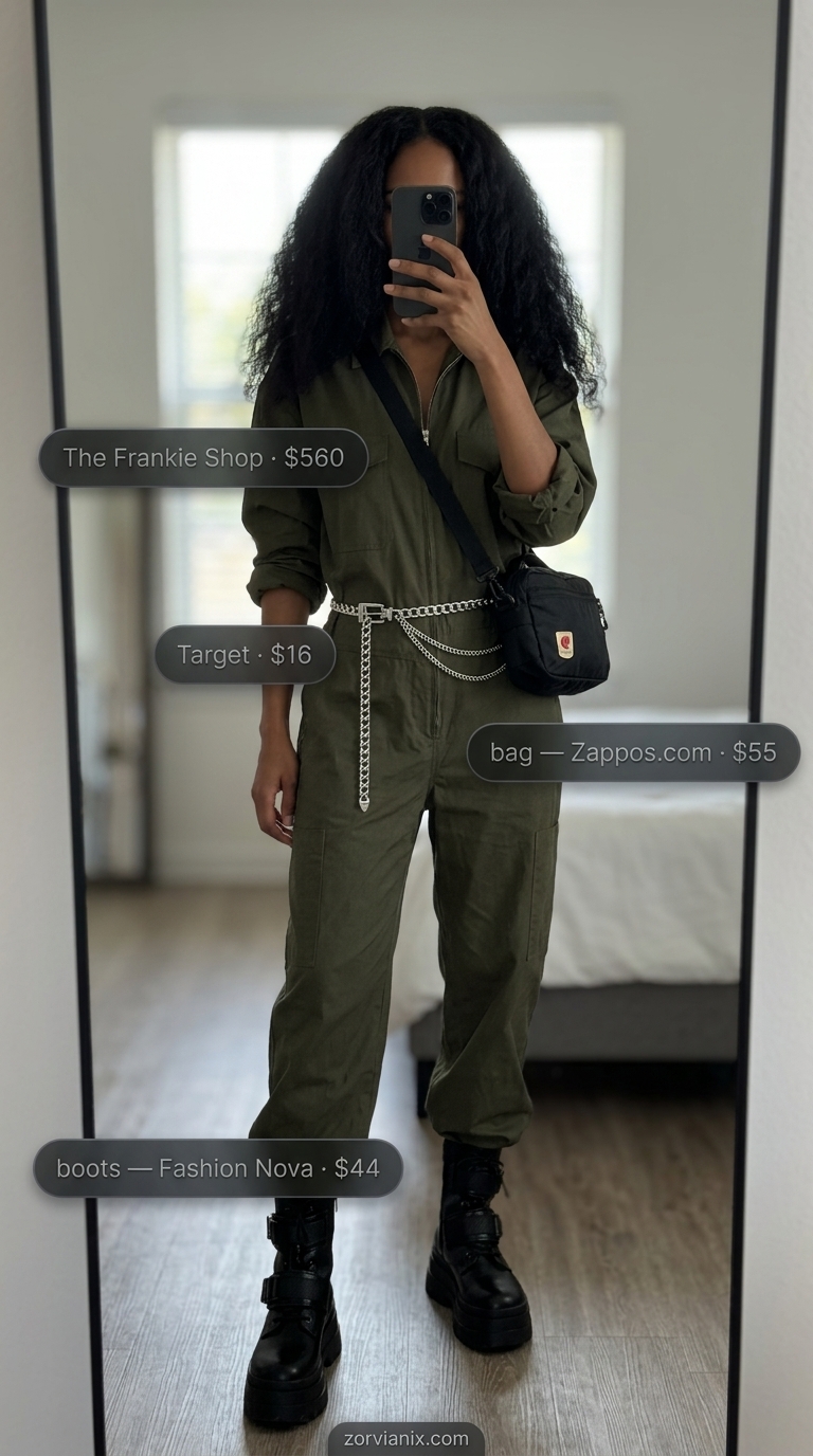 Y2K summer outfits for women 2026: Olive green utility jumpsuit, combat boots, silver chain belt for edgy streetwear.