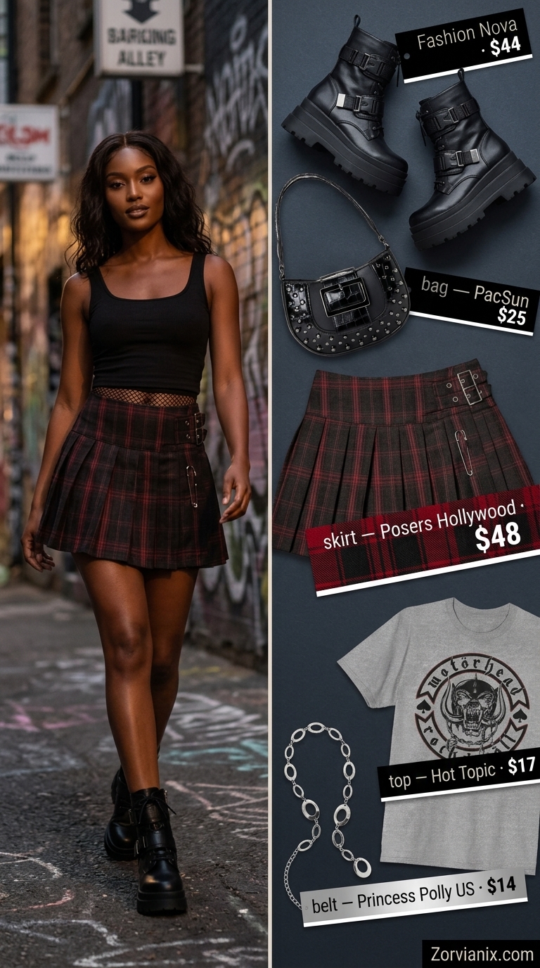 Y2K summer outfits for women 2026: Plaid mini skirt, band tee, combat boots, and chain belt for a pop punk look.