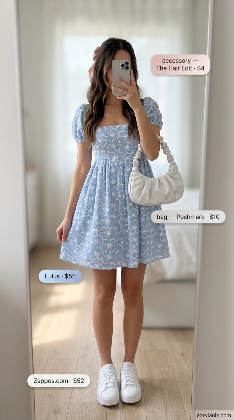 Y2K summer outfits for women 2026: Pastel blue babydoll dress, white baguette bag, pink ribbon, and platform sneakers for a date.