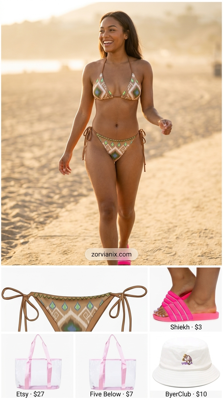 Y2K summer outfits for women 2026: Bikini bottom, sheer mesh top, bucket hat, and flip-flops for a beach day.