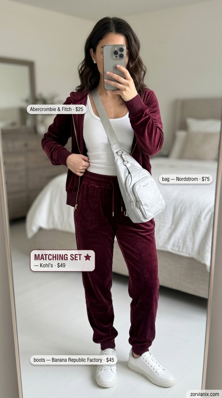 Y2K summer outfits for women 2026: Burgundy velour tracksuit, white sneakers, and crossbody bag for comfortable travel.