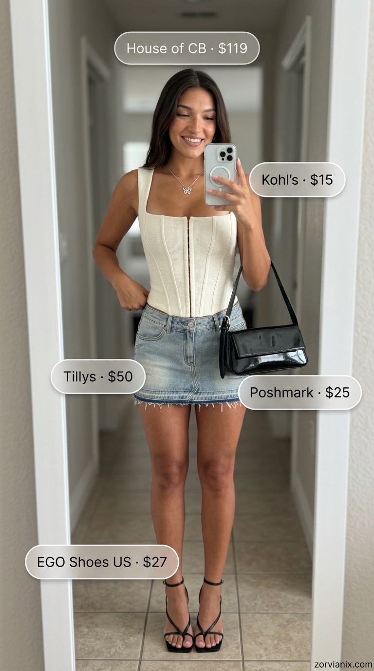 Y2K summer outfits for women 2026: Denim mini skirt, white corset top, and strappy heels for a flirty date night look.