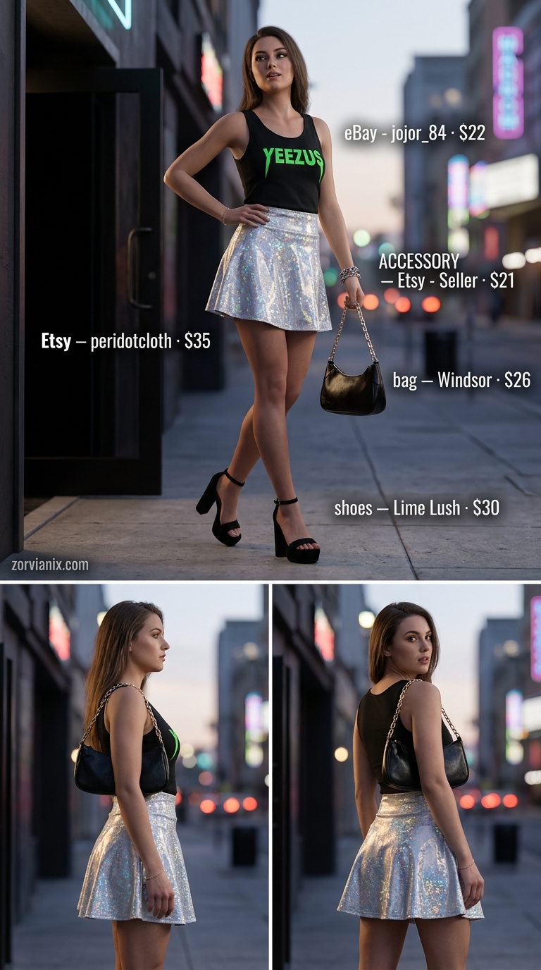 Y2K summer outfits for women 2026: Holographic skirt, graphic tank, and platform heels for a bold club night look.