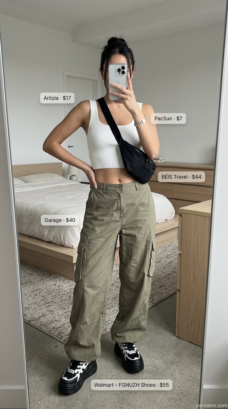Y2K summer outfits for women 2026: Khaki cargo pants, ribbed tank, and chunky sneakers for a cool streetwear look.