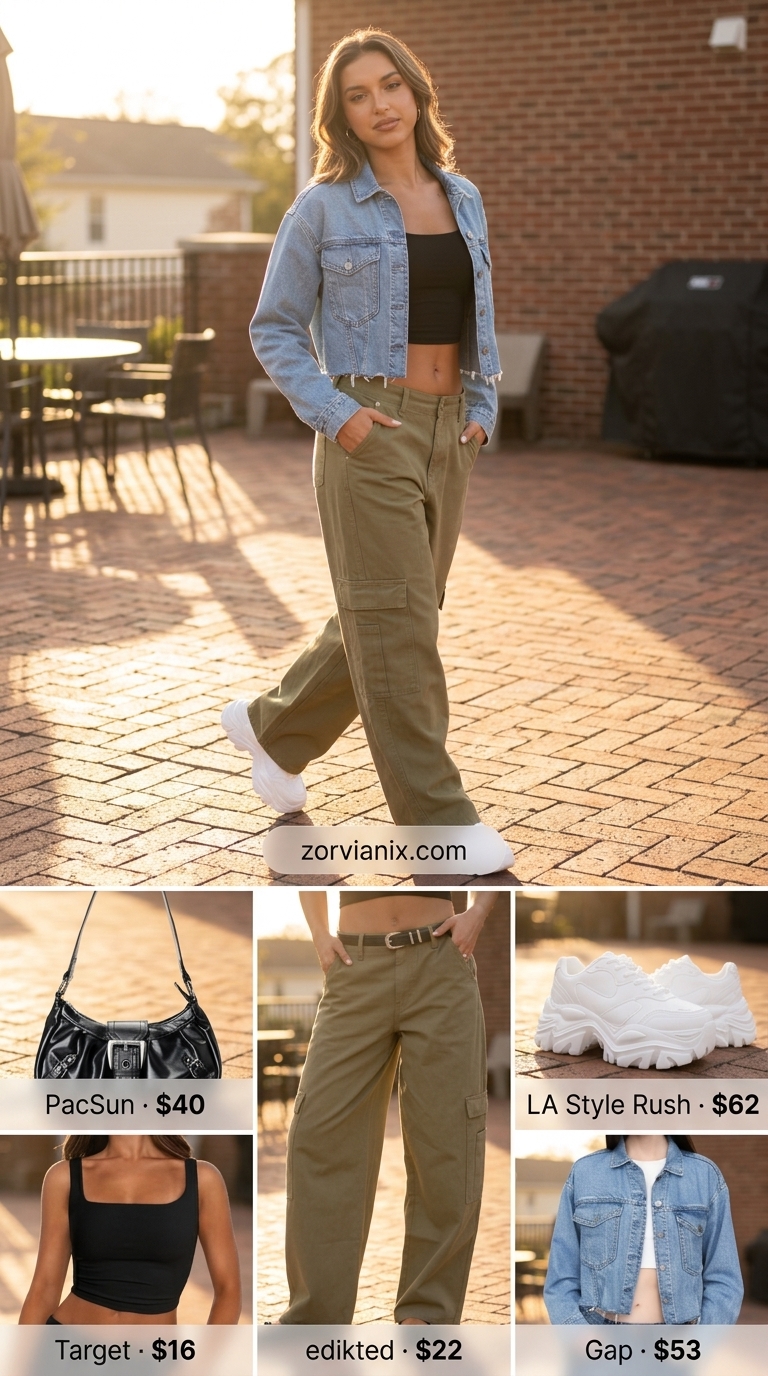 Y2K summer outfits for women 2026: Khaki cargo pants, denim jacket, cropped tank top, and chunky sneakers for a casual outing.