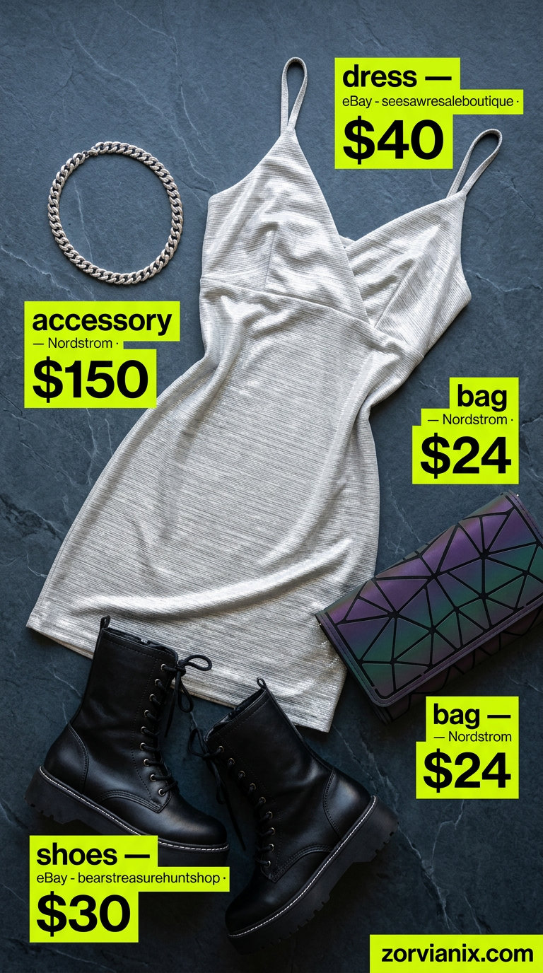 Y2K summer outfits for women 2026: Silver metallic slip dress, combat boots, and choker for a futuristic club night.