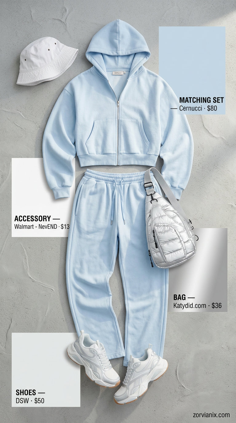 Y2K summer outfits for women 2026: Baby blue velour tracksuit, bucket hat, and crossbody bag for a sporty, laid-back vibe.