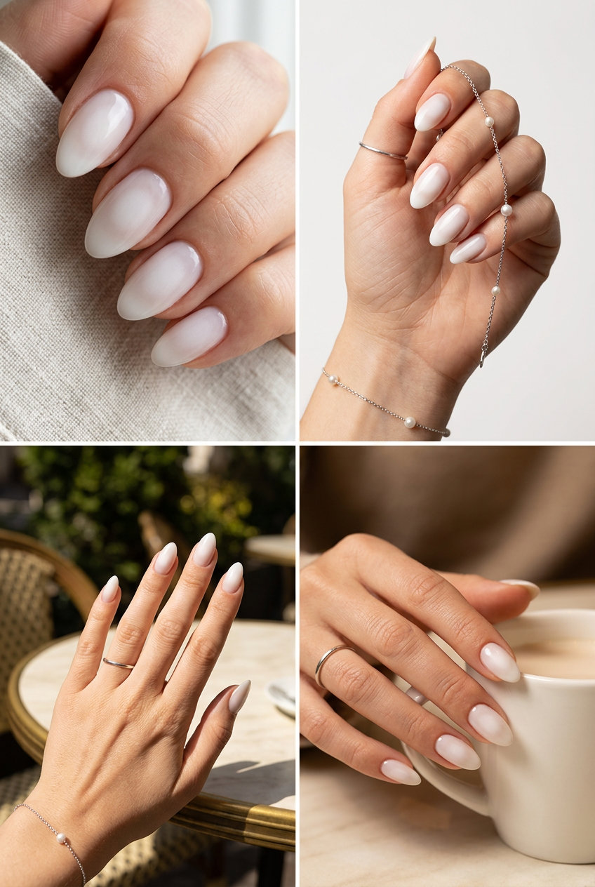 Ethereal White Aura Almond Nails 2026 Almond summer nails 2026 for fair skin: Ethereal White Aura. Clear base with a soft white aura on medium almond nails.