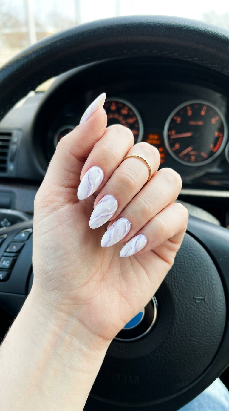 Almond Summer Nails 2026: Lavender Aura Swirls Almond summer nails 2026 for fair skin: Light Lavender Aura Swirls for date nights & festivals.