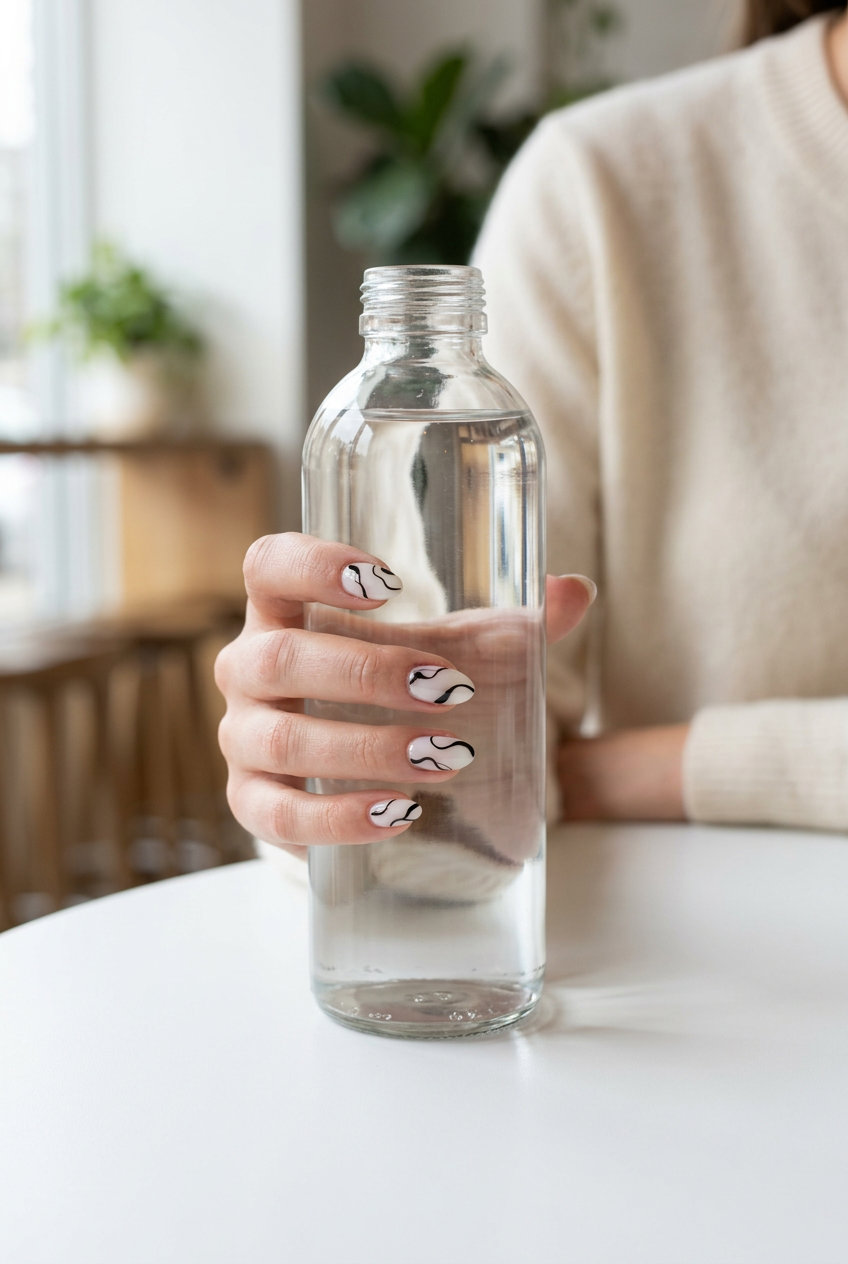 Milky White Abstract Almond Nails 2026 Milky white abstract art almond nails for fair skin, perfect for daily wear and work.