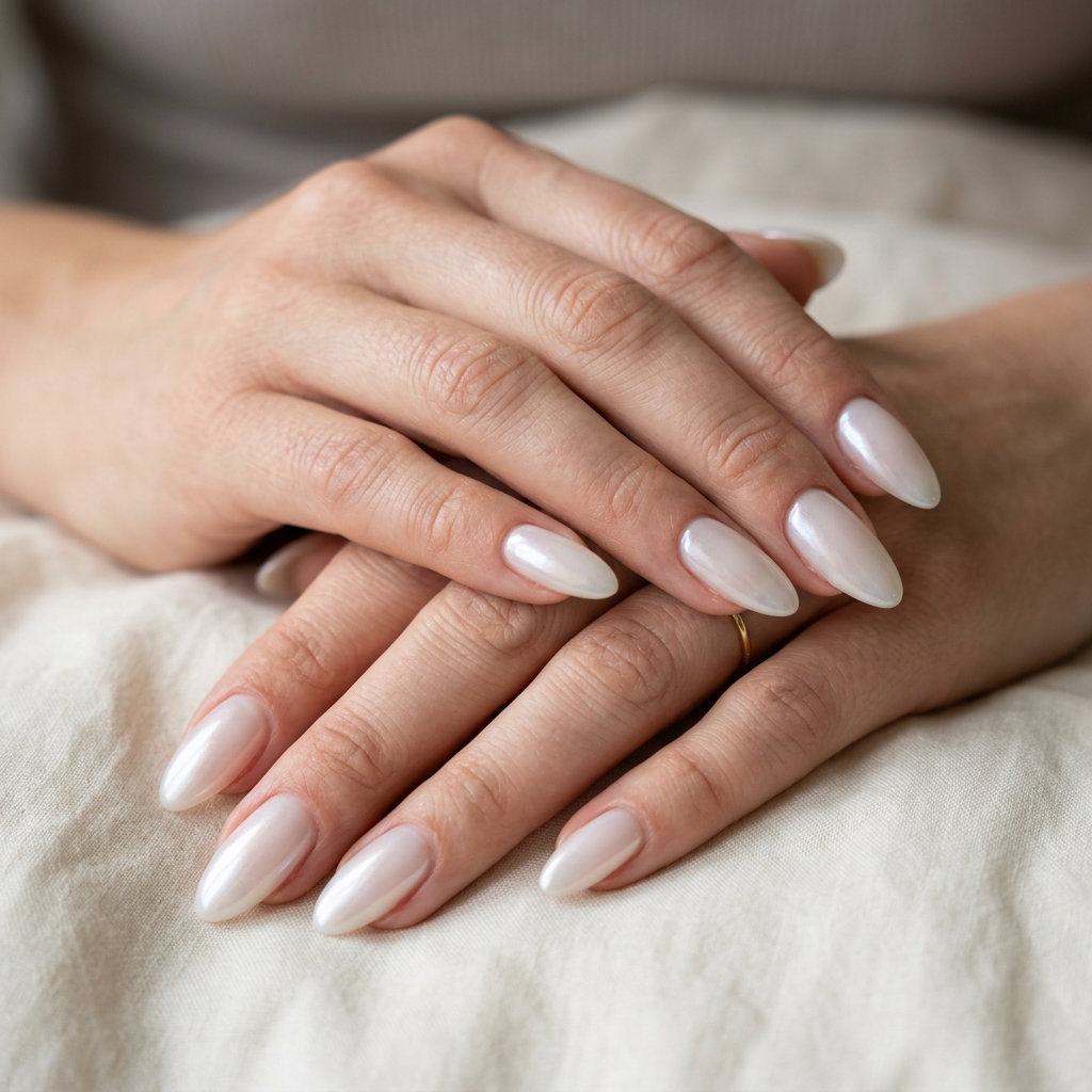 Milky White Almond Glaze Nails 2026 Milky white almond glaze nails for fair skin, featuring pearlescent chrome for a clean-girl summer look.