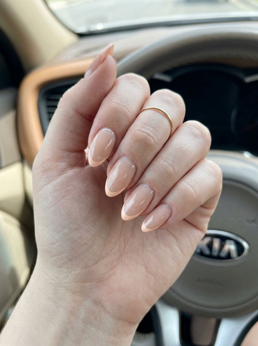 Almond Summer Nails 2026: Pale Peach French Almond summer nails 2026 for fair skin: Pale Peach Micro French for office & weddings.