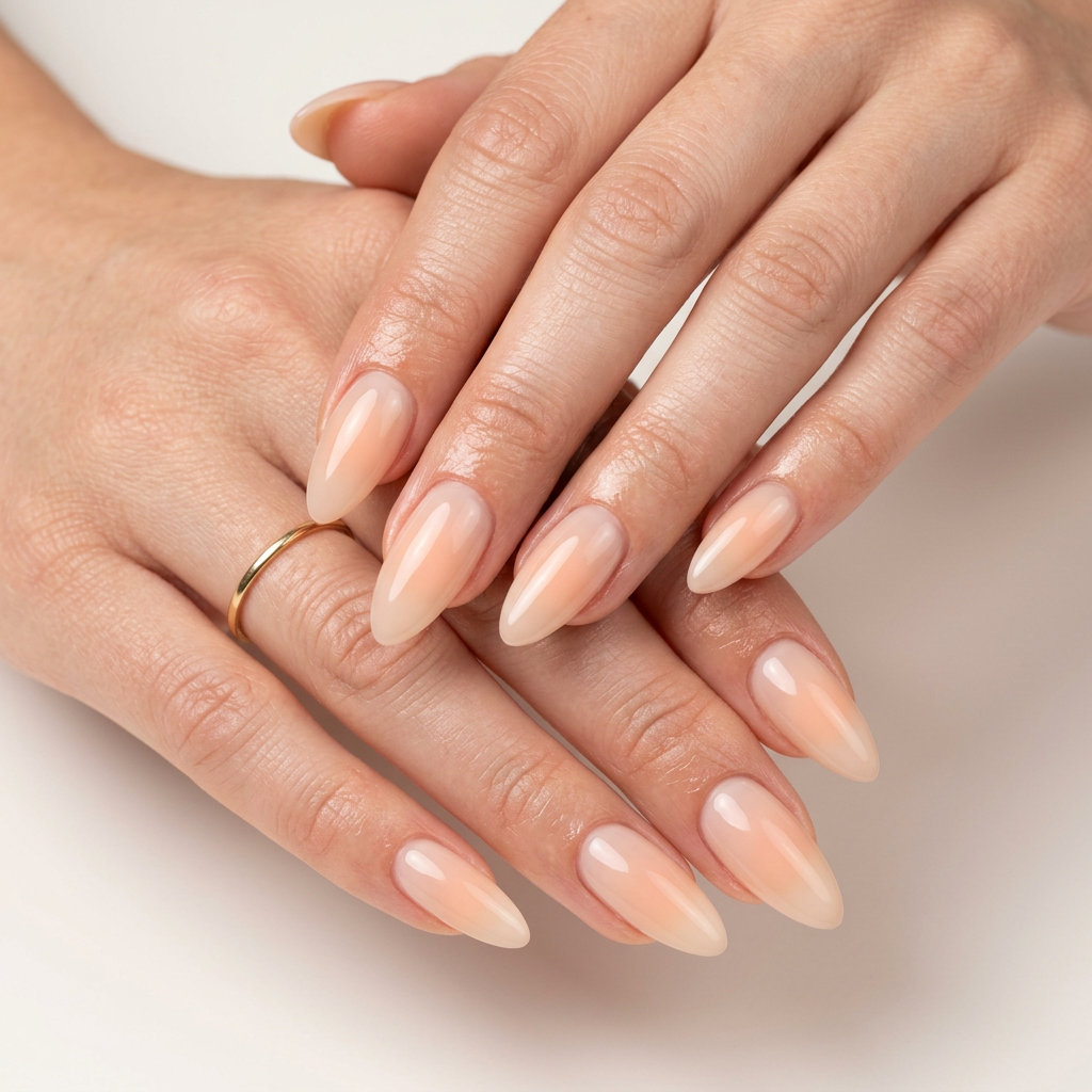 Almond Summer Nails 2026: Peachy Aura Glow Almond summer nails 2026 for fair skin: Peachy Aura Glow Almond for brunch & vacations.