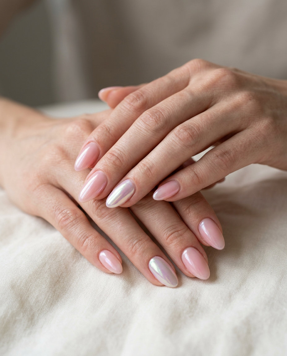 Almond summer nails 2026 for fair skin: Sheer Pink Chrome Accent for vacation & casual events.