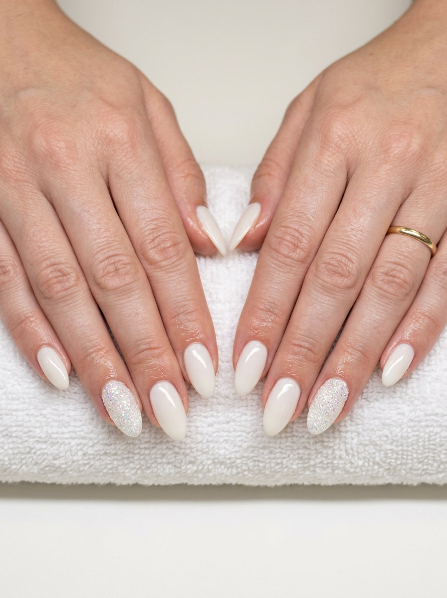 Almond Summer Nails 2026: White Glitter Accent Almond summer nails 2026 for fair skin: Sparkling White Accent Almond for parties & events.