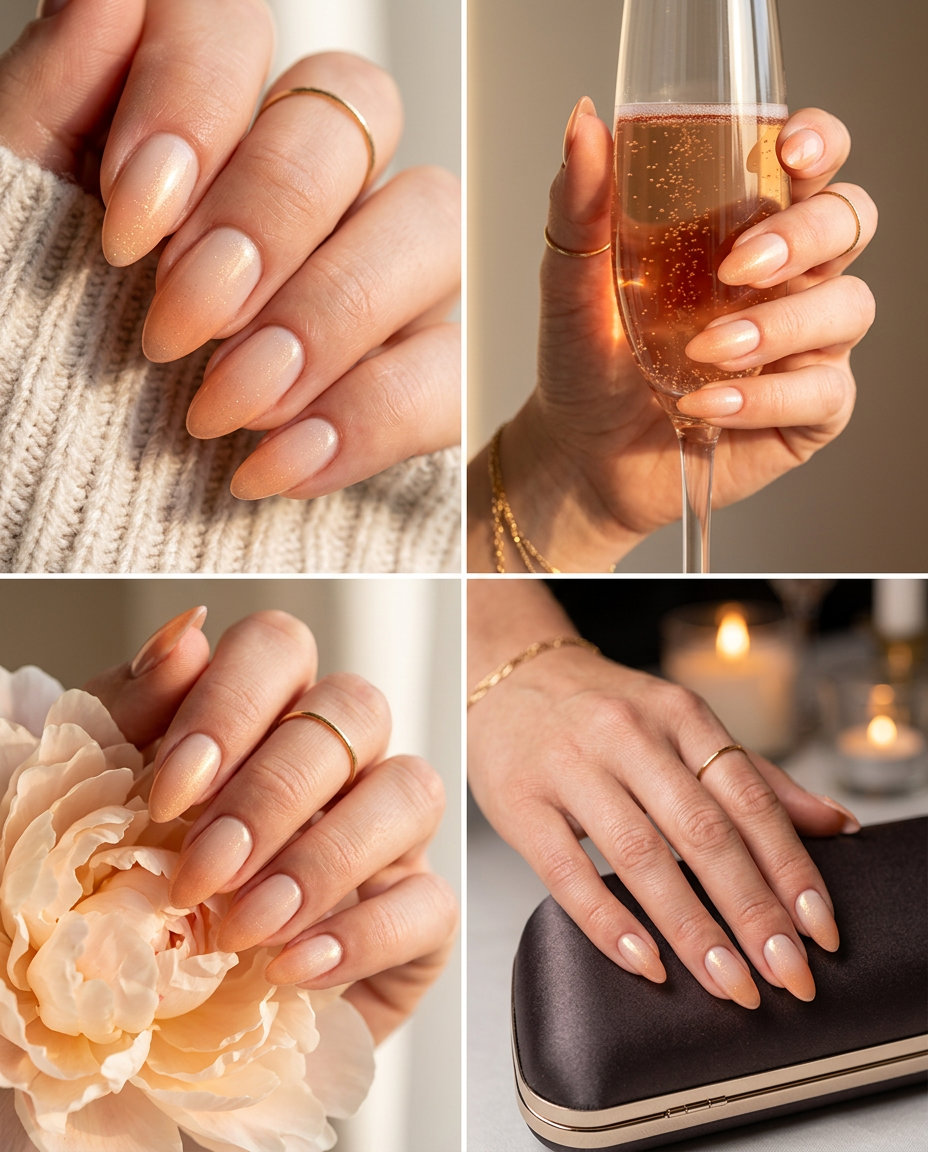 Peach Ombre Shimmer Almond Nails 2026 Shimmering peach ombre almond nails for fair skin, perfect for date night or summer parties.