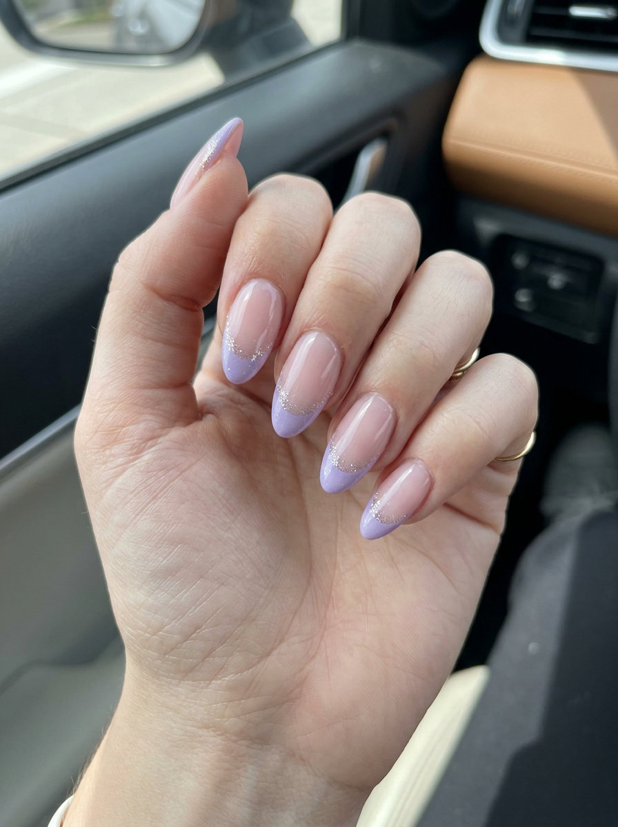 Lavender Glitter French Almond Nails 2026 Almond summer nails 2026 for fair skin: Lavender Glitter French. Milky pink base, lavender tips with silver glitter.